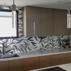 custom stained glass mirror mosaic kitchen backsplash waves pattern by Allison Eden Studios