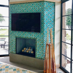 Louis Comfort Tiffany inspired stained glass mosaic tile fireplace surround by Allison Eden Studios