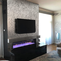 Custom glass mosaic art tile violet fireplace with screen by allison eden studios