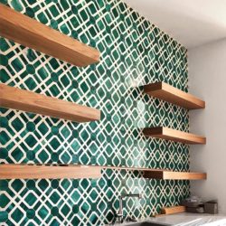 green glass mosaic parquet kitchen backsplash